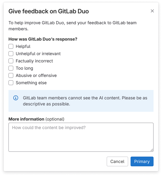 Modal with multiple checkboxes, a disclaimer about visibility, and a free text field.